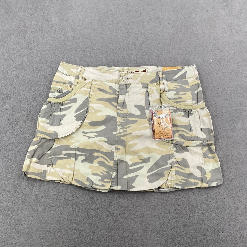 Hint Jeans Camo Mini Skirt Y2K 2005 Cargo Ruffle Distressed Size 11 NWT